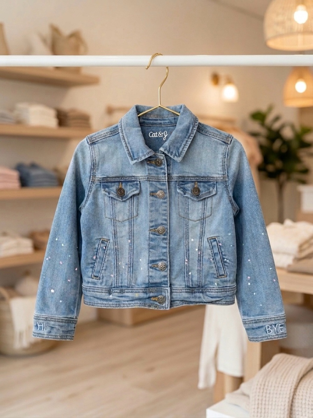 Cat & Jack Girls’ Denim Jacket “Be Happy” Paint Splatter XS (4/5)